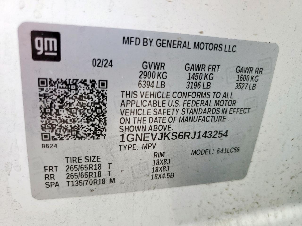 2024 Chevrolet Traverse Lt Z71 VIN: 1GNEVJKS6RJ143254 Lot: 81724485