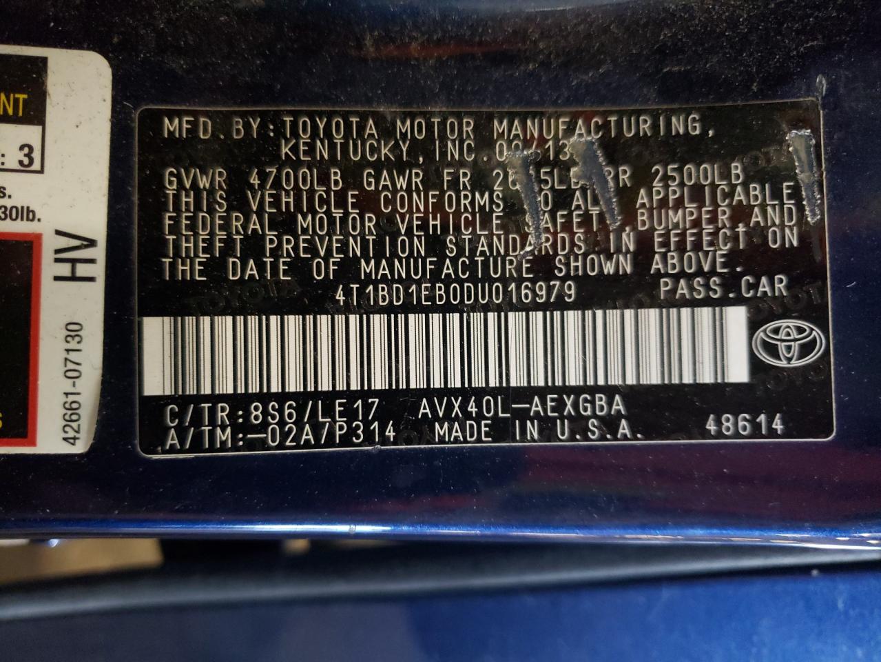 2013 Toyota Avalon Hybrid VIN: 4T1BD1EB0DU016979 Lot: 71045605