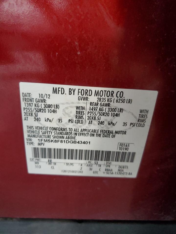 2013 Ford Explorer Limited VIN: 1FM5K8F81DGB43401 Lot: 80143995