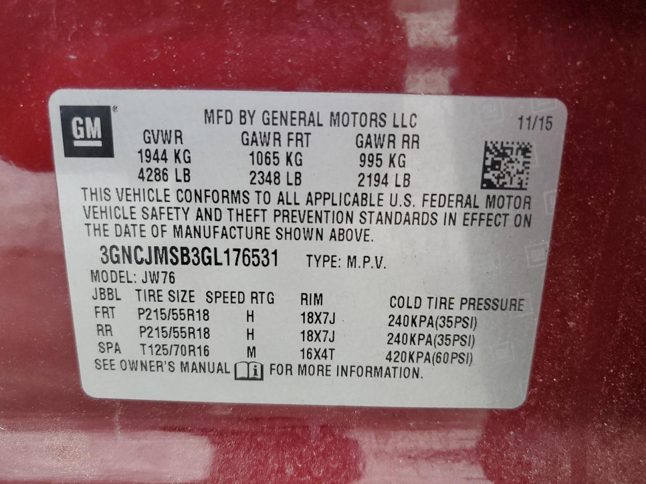 2016 Chevrolet Trax Ltz VIN: 3GNCJMSB3GL176531 Lot: 81707925