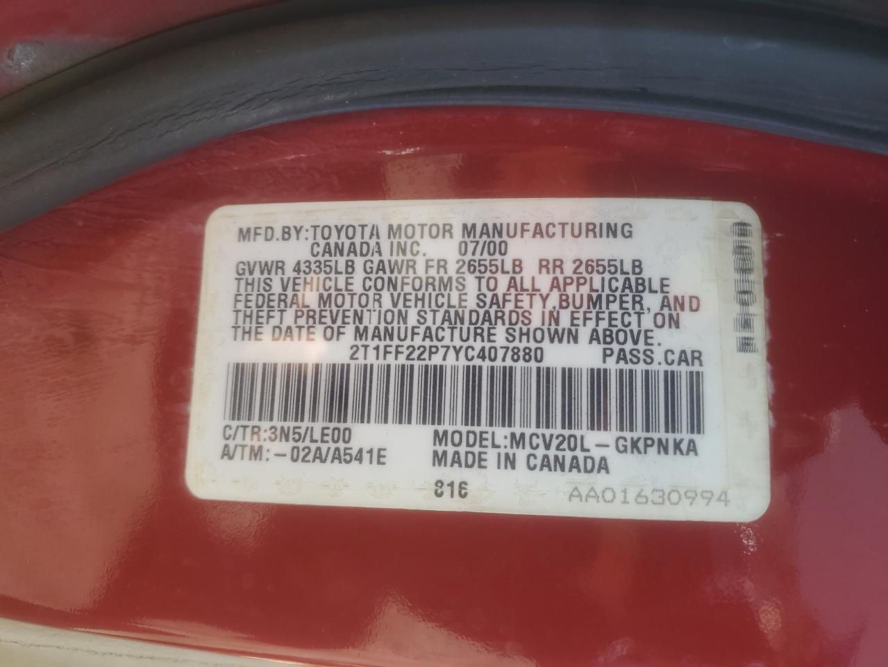 2000 Toyota Camry Solara Se VIN: 2T1FF22P7YC407880 Lot: 80946745