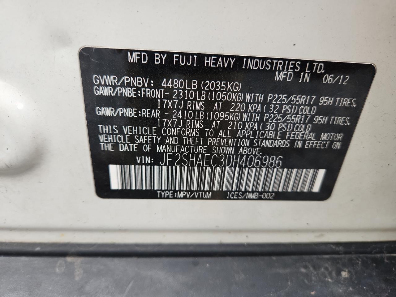 2013 Subaru Forester Limited VIN: JF2SHAEC3DH406986 Lot: 82060085