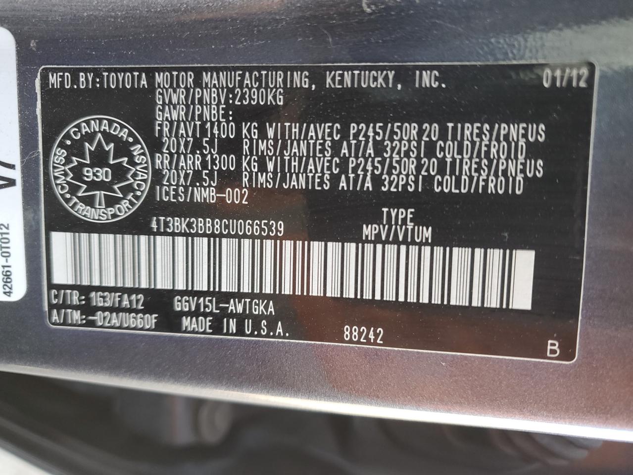 2012 Toyota Venza Le VIN: 4T3BK3BB8CU066539 Lot: 82034855