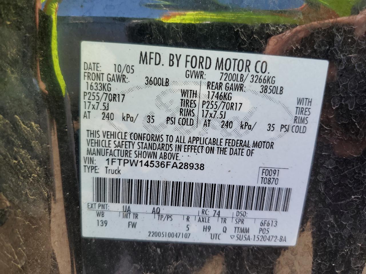 2006 Ford F150 Supercrew VIN: 1FTPW14536FA28938 Lot: 80887595