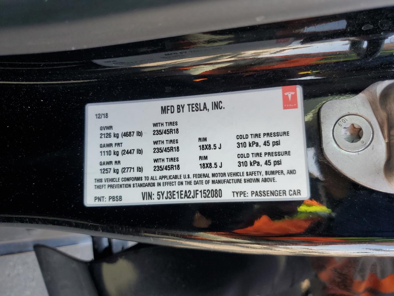 2018 Tesla Model 3 VIN: 5YJ3E1EA2JF152080 Lot: 71893925