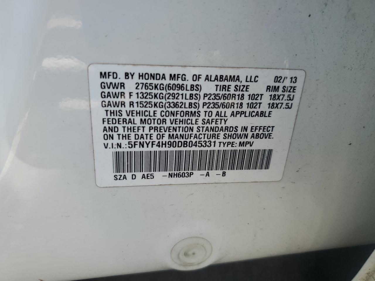 2013 Honda Pilot Touring VIN: 5FNYF4H90DB045331 Lot: 80728635