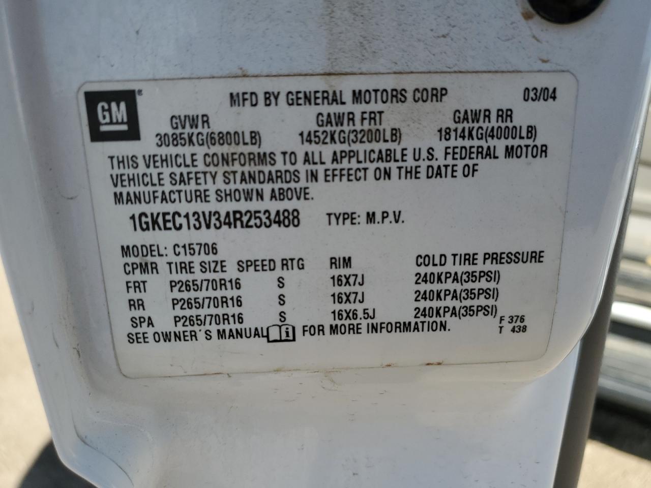 2004 GMC Yukon VIN: 1GKEC13V34R253488 Lot: 84523735