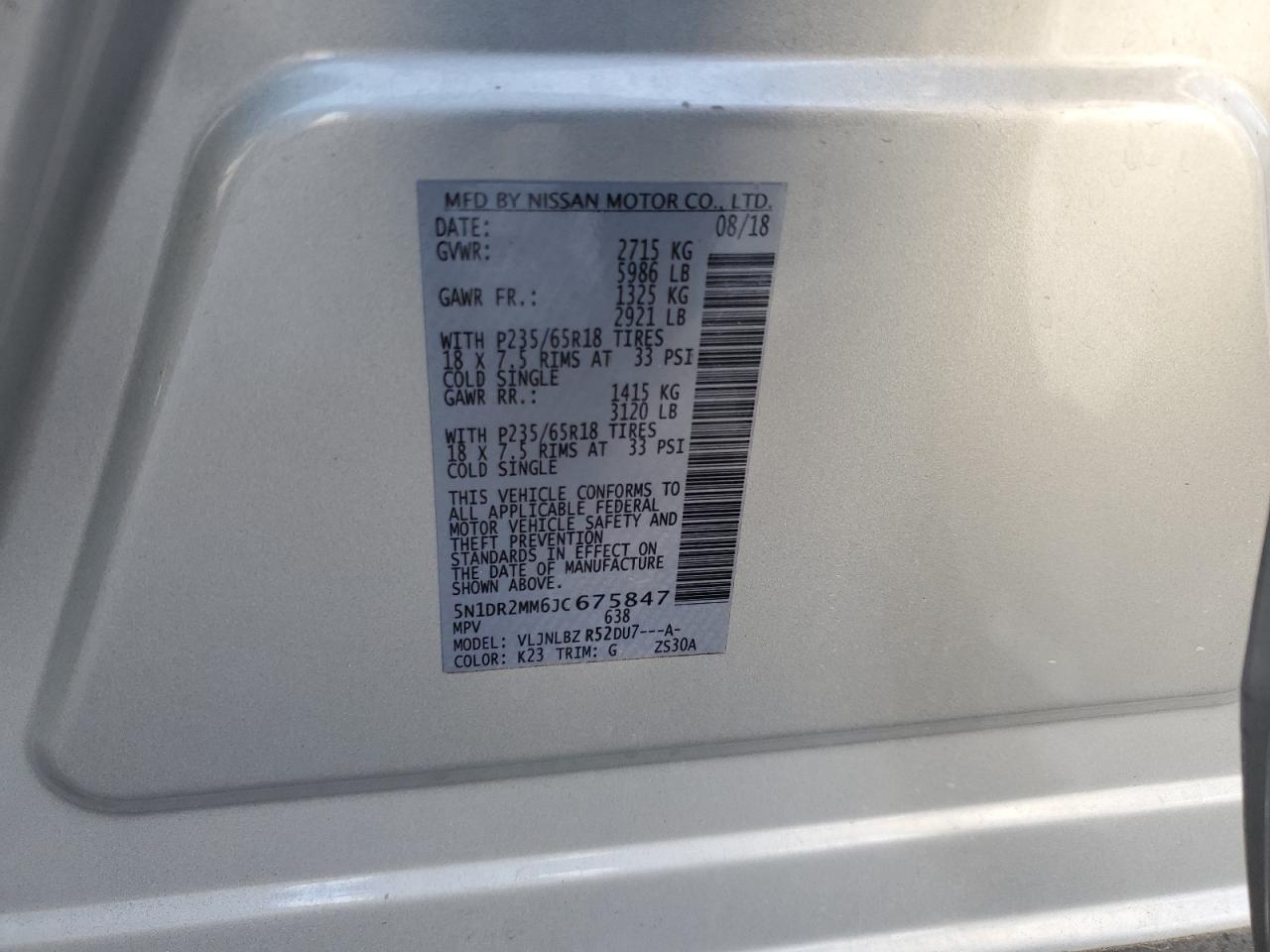 2018 Nissan Pathfinder S VIN: 5N1DR2MM6JC675847 Lot: 71136895