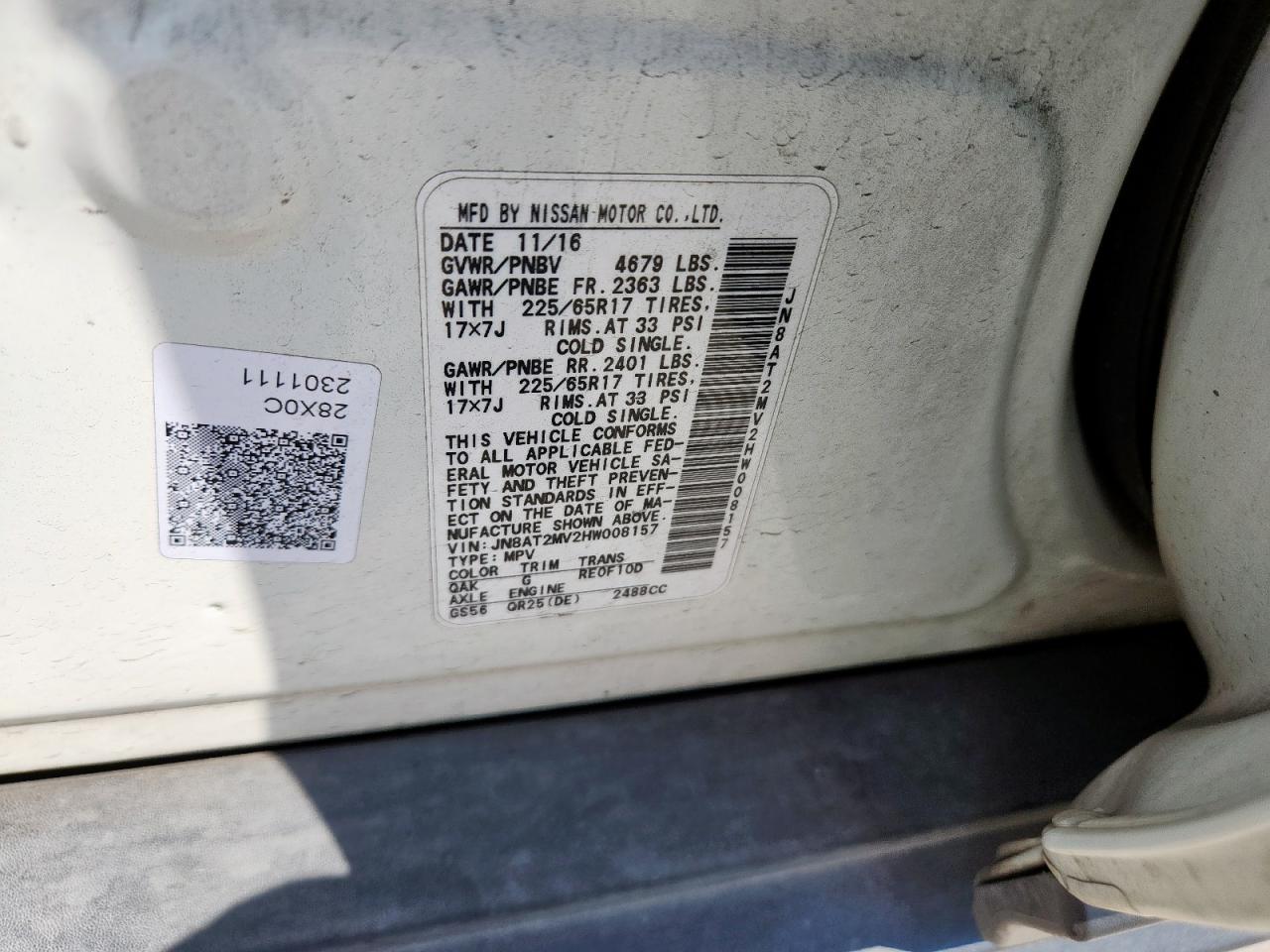 2017 Nissan Rogue S VIN: JN8AT2MV2HW008157 Lot: 71188965