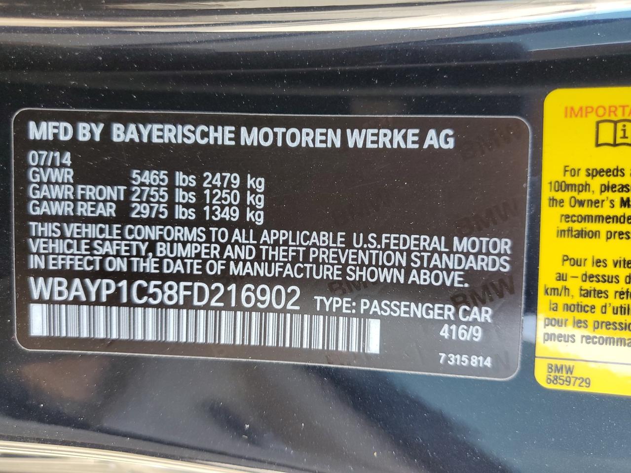 2015 BMW 650 Xi VIN: WBAYP1C58FD216902 Lot: 81514865