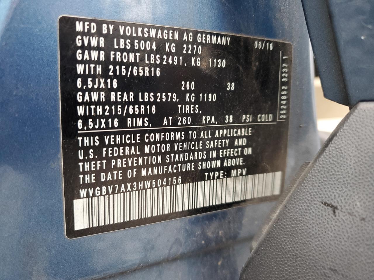 2017 Volkswagen Tiguan S VIN: WVGBV7AX3HW504156 Lot: 82128725