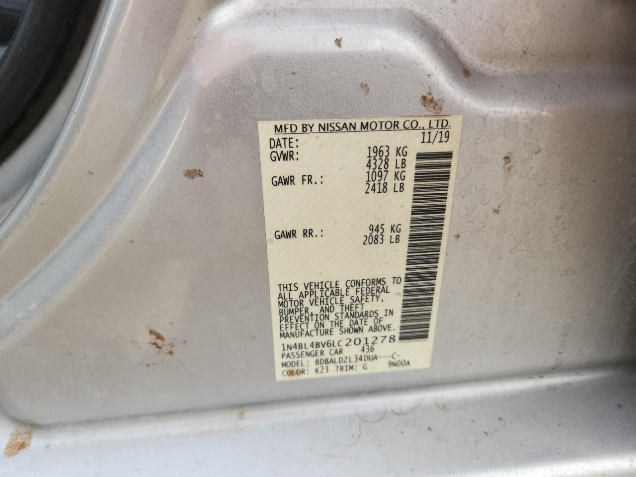 2020 Nissan Altima S VIN: 1N4BL4BV6LC201278 Lot: 83962095
