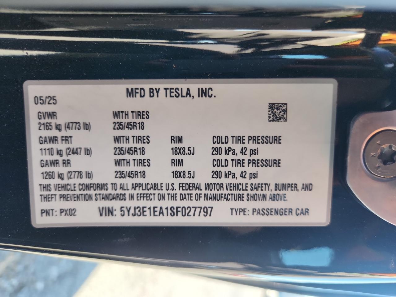2025 Tesla Model 3 VIN: 5YJ3E1EA1SF027797 Lot: 82131735