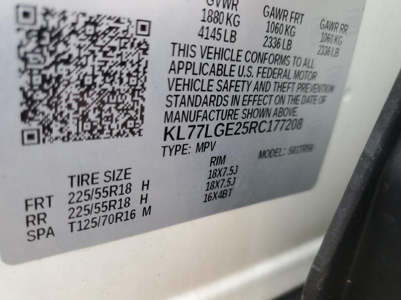 2024 Chevrolet Trax 1Rs VIN: KL77LGE25RC177208 Lot: 82041805
