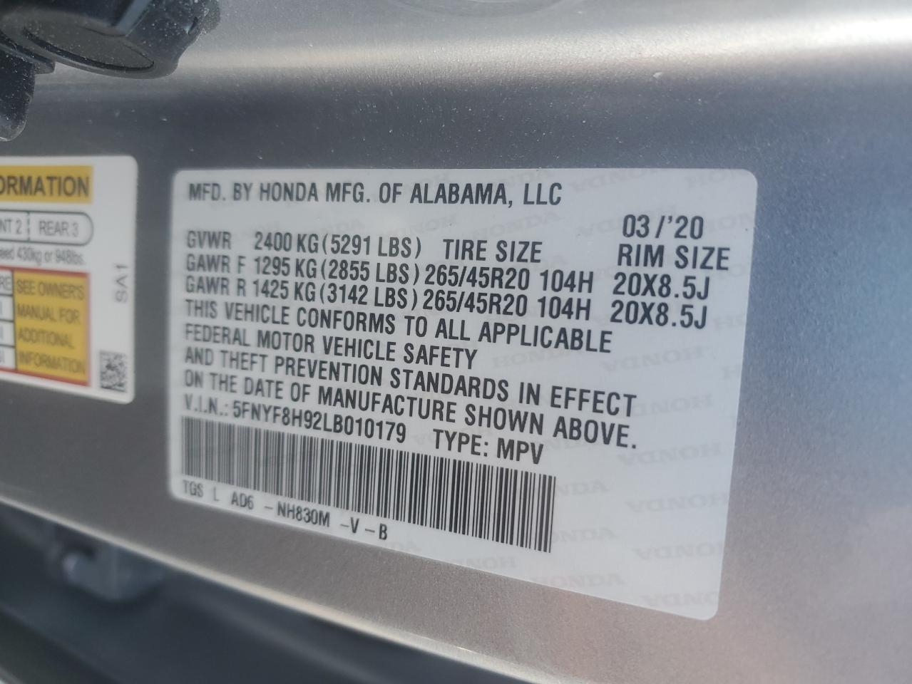 2020 Honda Passport Touring VIN: 5FNYF8H92LB010179 Lot: 82065135