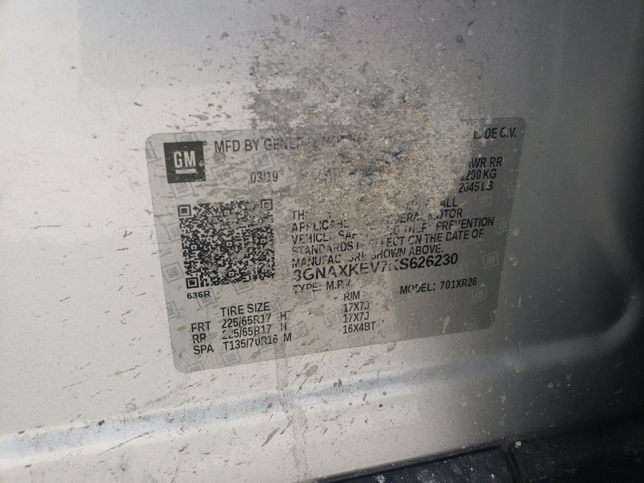 2019 Chevrolet Equinox Lt VIN: 3GNAXKEV7KS626230 Lot: 81938005