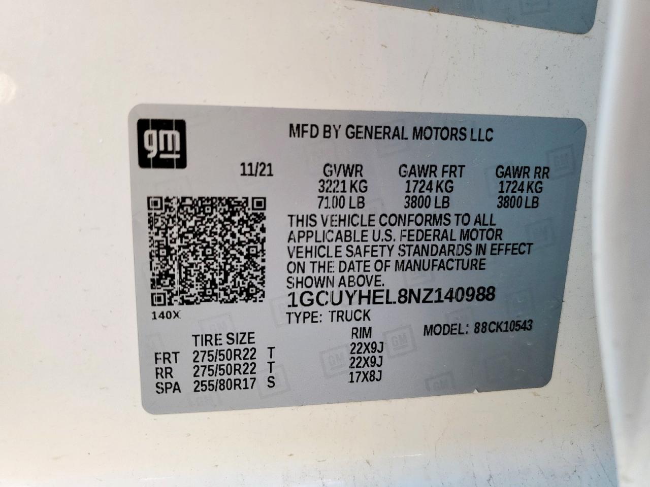 2022 Chevrolet Silverado Ltd K1500 High Country VIN: 1GCUYHEL8NZ140988 Lot: 71718435