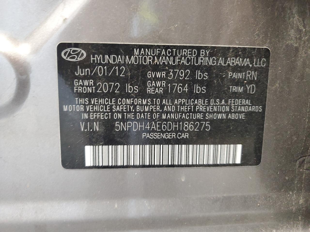 2013 Hyundai Elantra Gls VIN: 5NPDH4AE6DH186275 Lot: 81348905