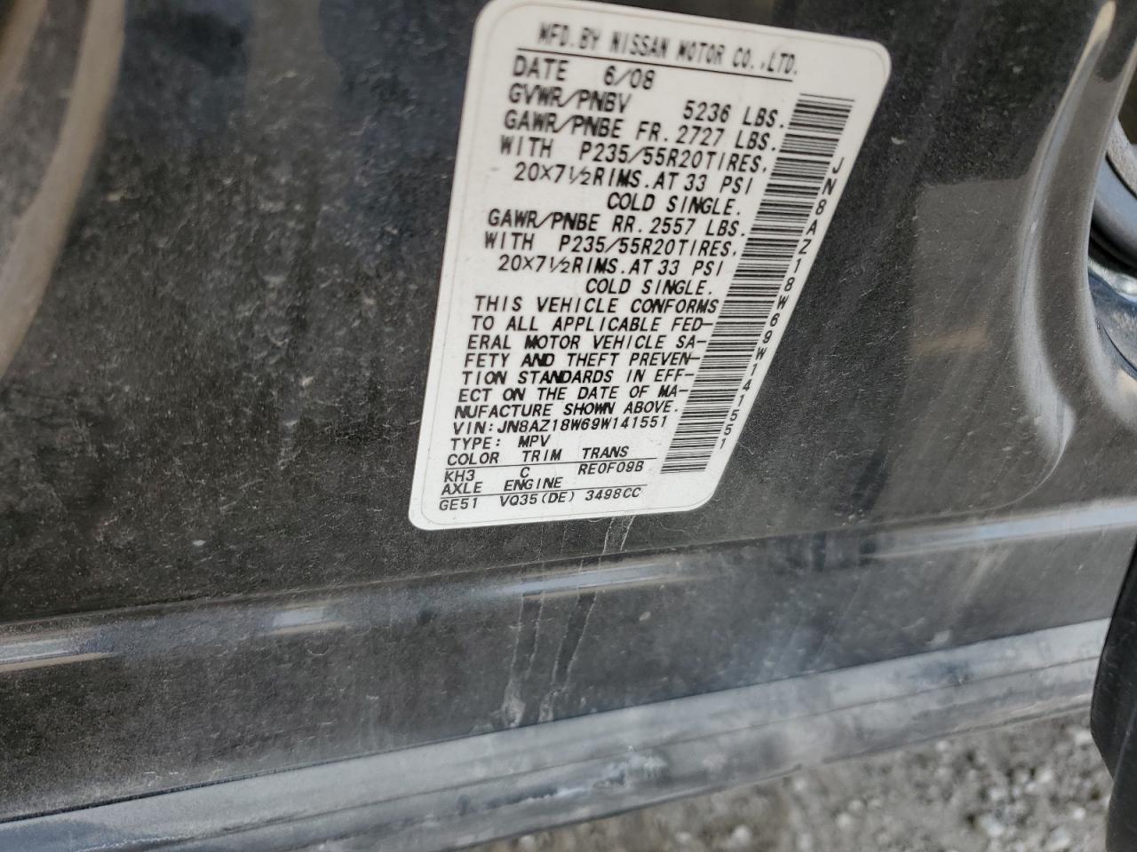 2009 Nissan Murano S VIN: JN8AZ18W69W141551 Lot: 80910525