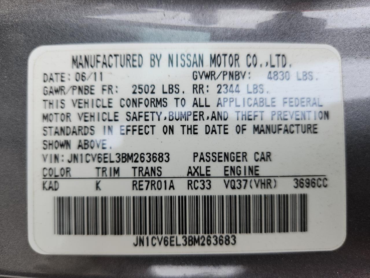 2011 Infiniti G37 VIN: JN1CV6EL3BM263683 Lot: 80506055