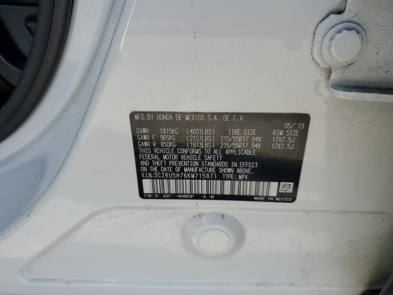 2019 Honda Hr-V Exl VIN: 3CZRU5H76KM715871 Lot: 71158055