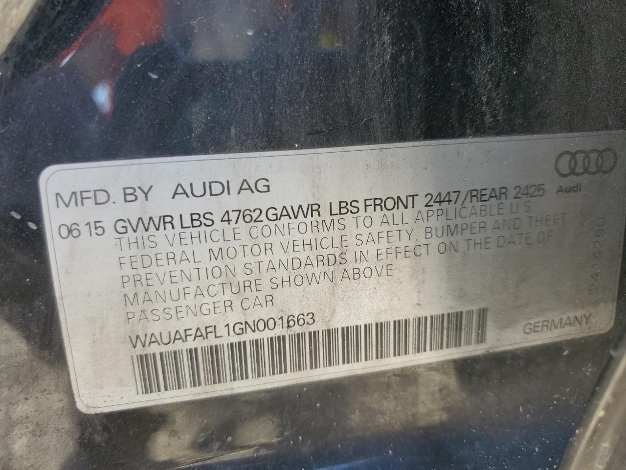 2016 Audi A4 Premium S-Line VIN: WAUAFAFL1GN001663 Lot: 84460045