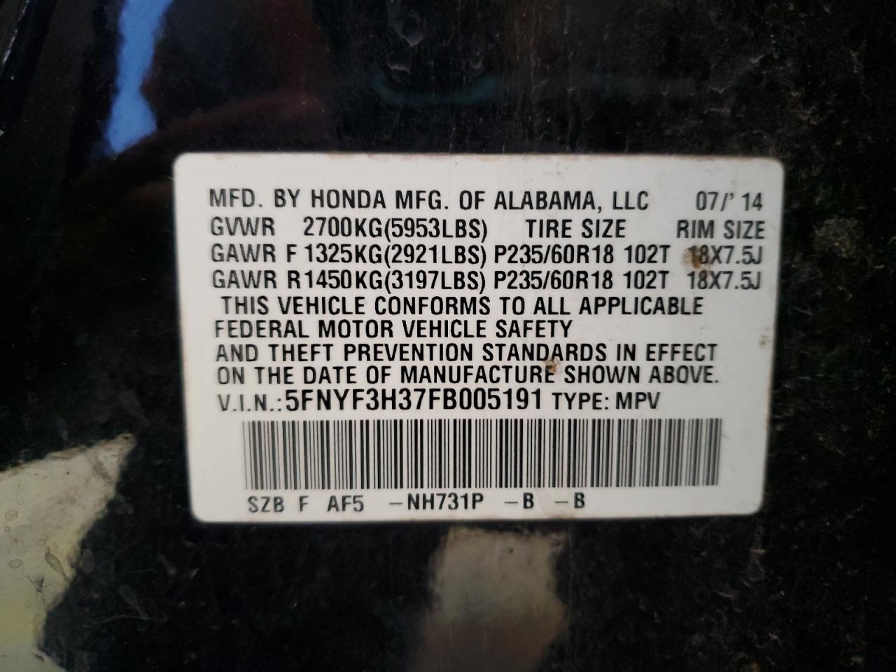 2015 Honda Pilot Se VIN: 5FNYF3H37FB005191 Lot: 70556615