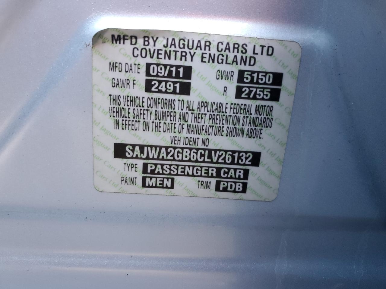 2012 Jaguar Xjl VIN: SAJWA2GB6CLV26132 Lot: 84364655