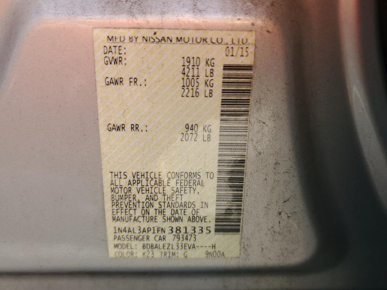 2015 Nissan Altima 2.5 VIN: 1N4AL3AP1FN381335 Lot: 84011695