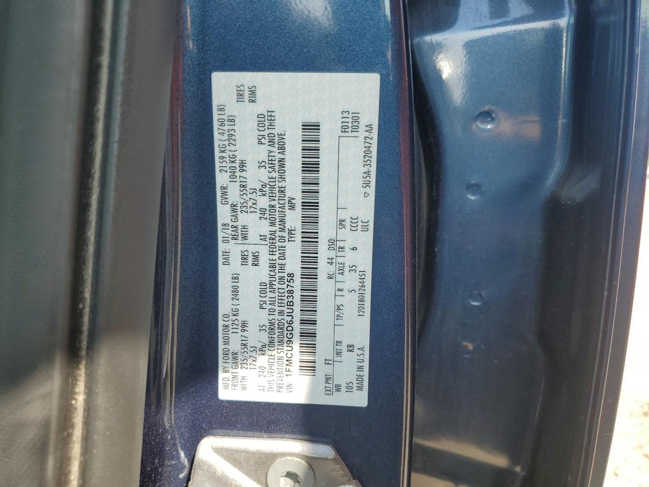 2018 Ford Escape Se VIN: 1FMCU9GD6JUB38758 Lot: 80559435