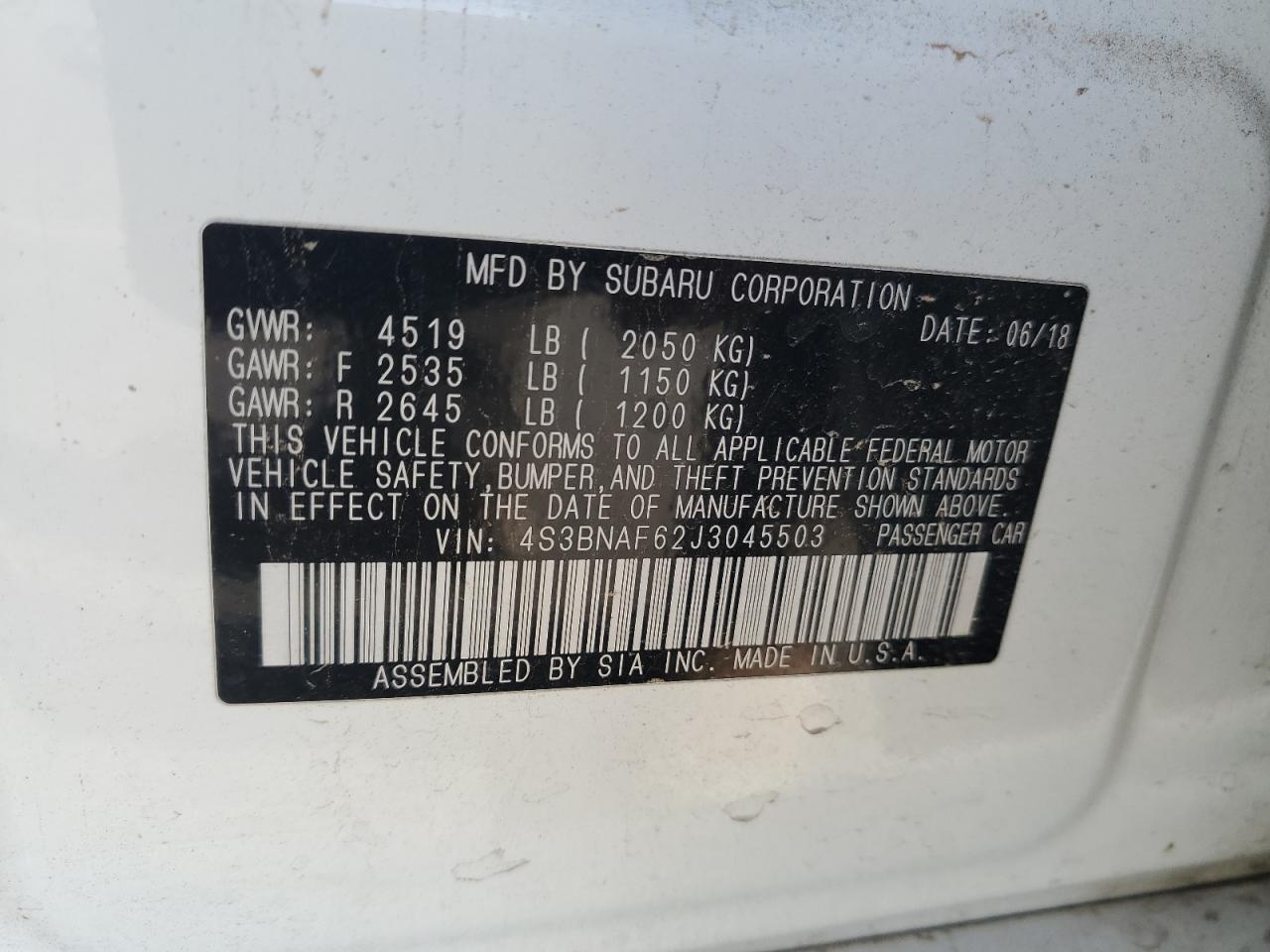 2018 Subaru Legacy 2.5I Premium VIN: 4S3BNAF62J3045503 Lot: 82133885