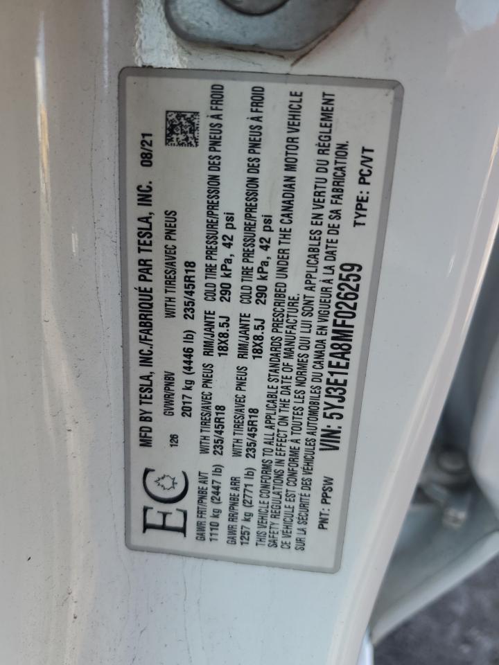 2021 Tesla Model 3 VIN: 5YJ3E1EA8MF026259 Lot: 71846785