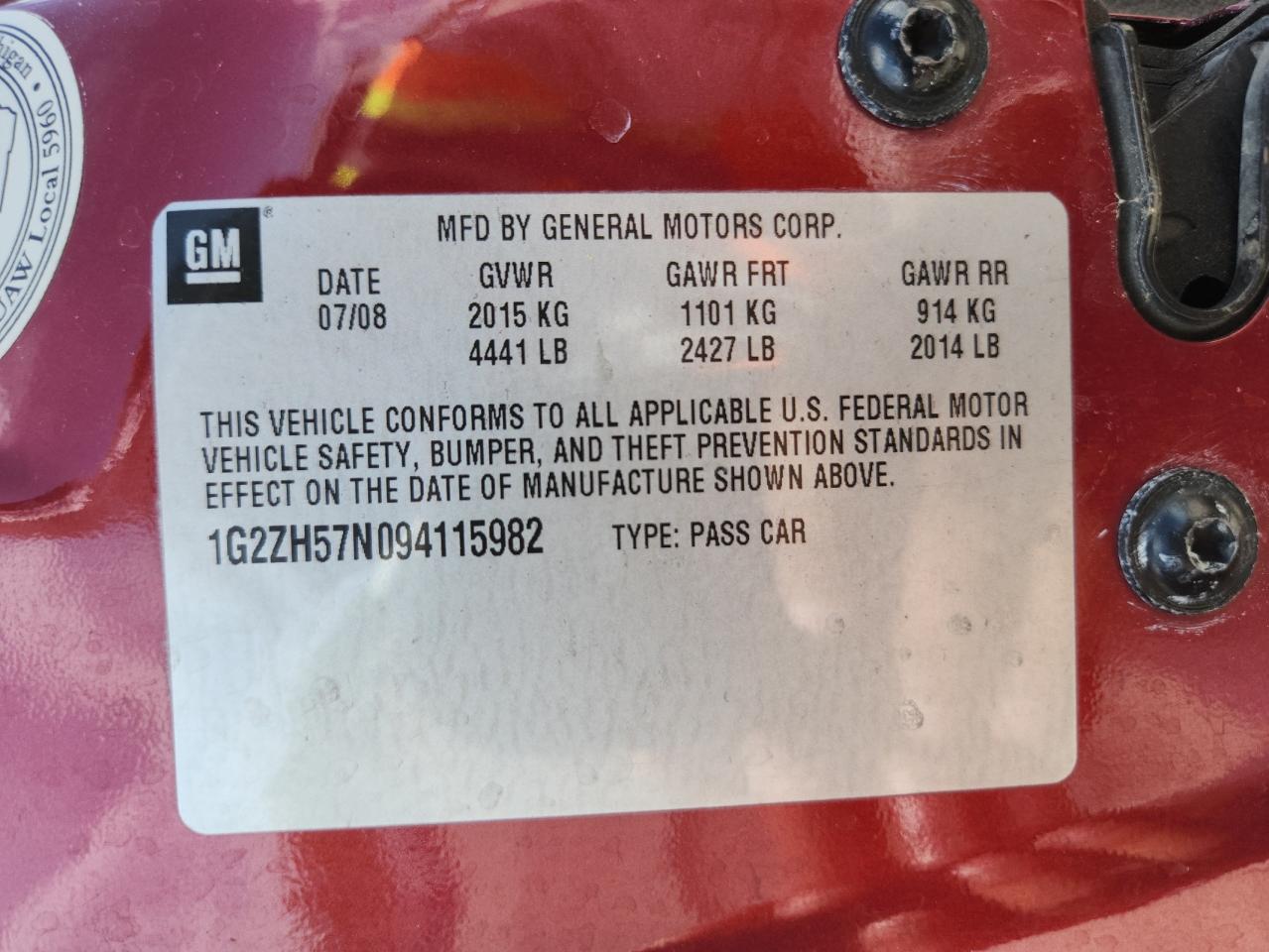 2009 Pontiac G6 Gt VIN: 1G2ZH57N094115982 Lot: 80746695