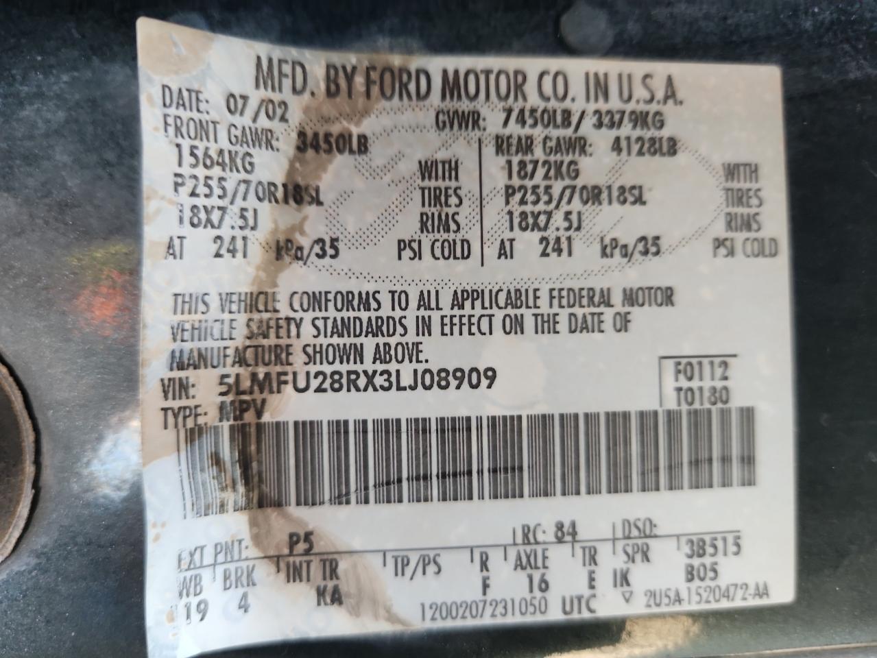 2003 Lincoln Navigator VIN: 5LMFU28RX3LJ08909 Lot: 80653435