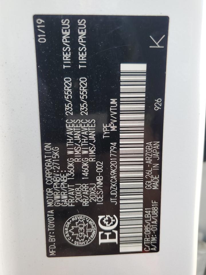 2019 Lexus Rx 350 L VIN: JTJDZKCA9K2017794 Lot: 72083995