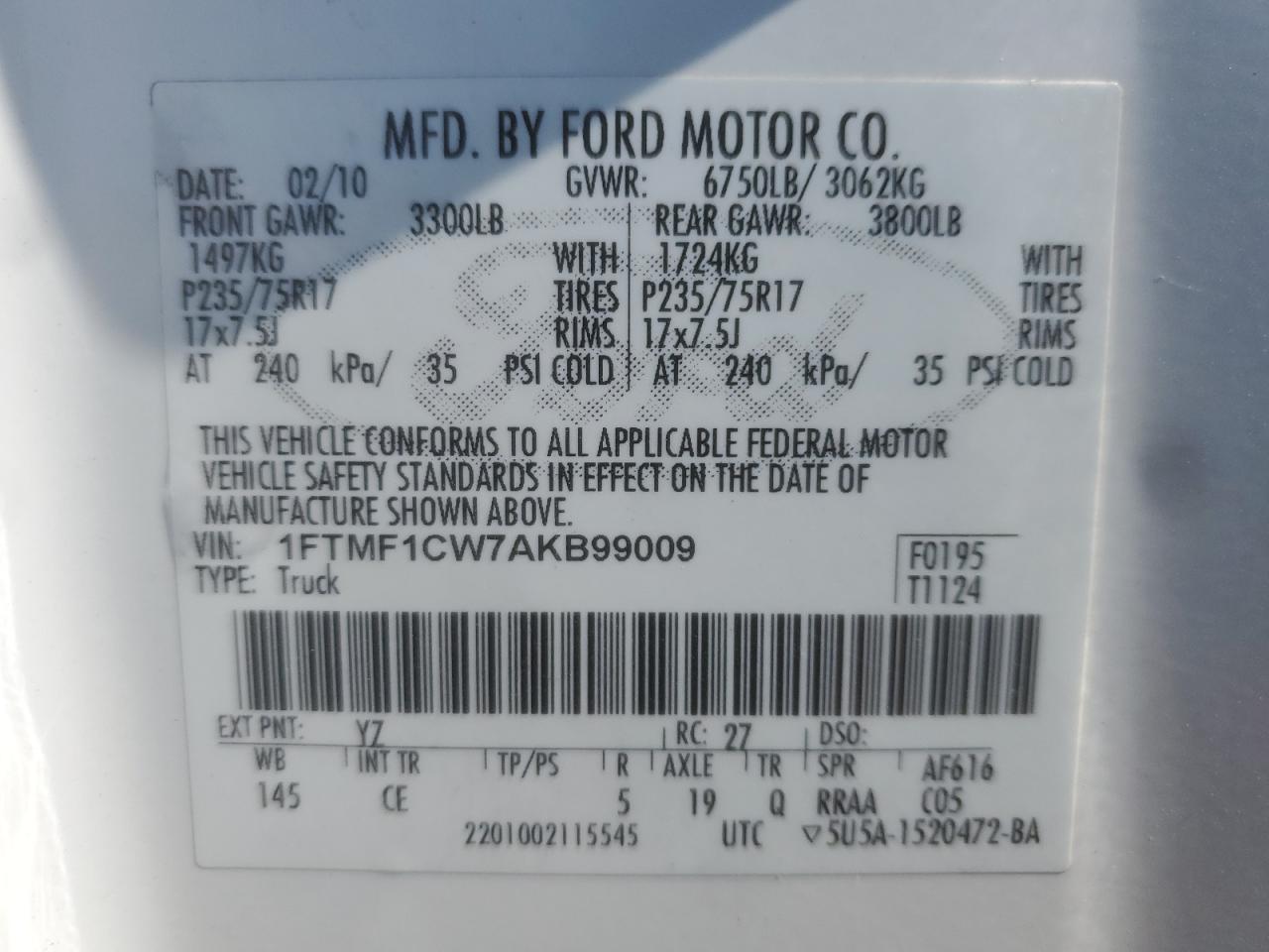 2010 Ford F150 VIN: 1FTMF1CW7AKB99009 Lot: 81612665