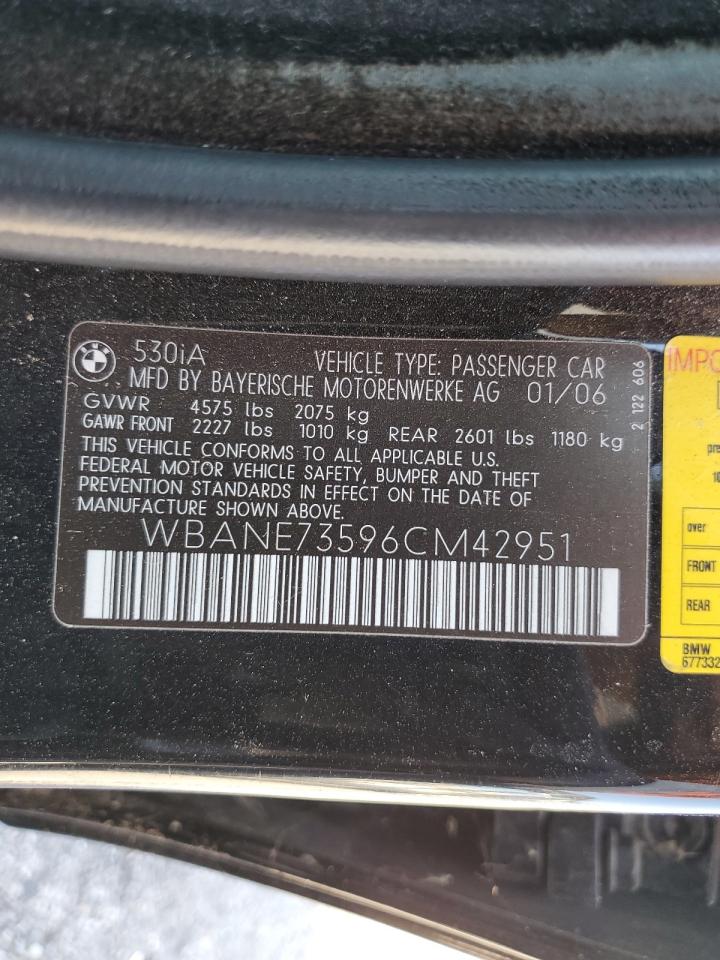 2006 BMW 530 I VIN: WBANE73596CM42951 Lot: 83759135