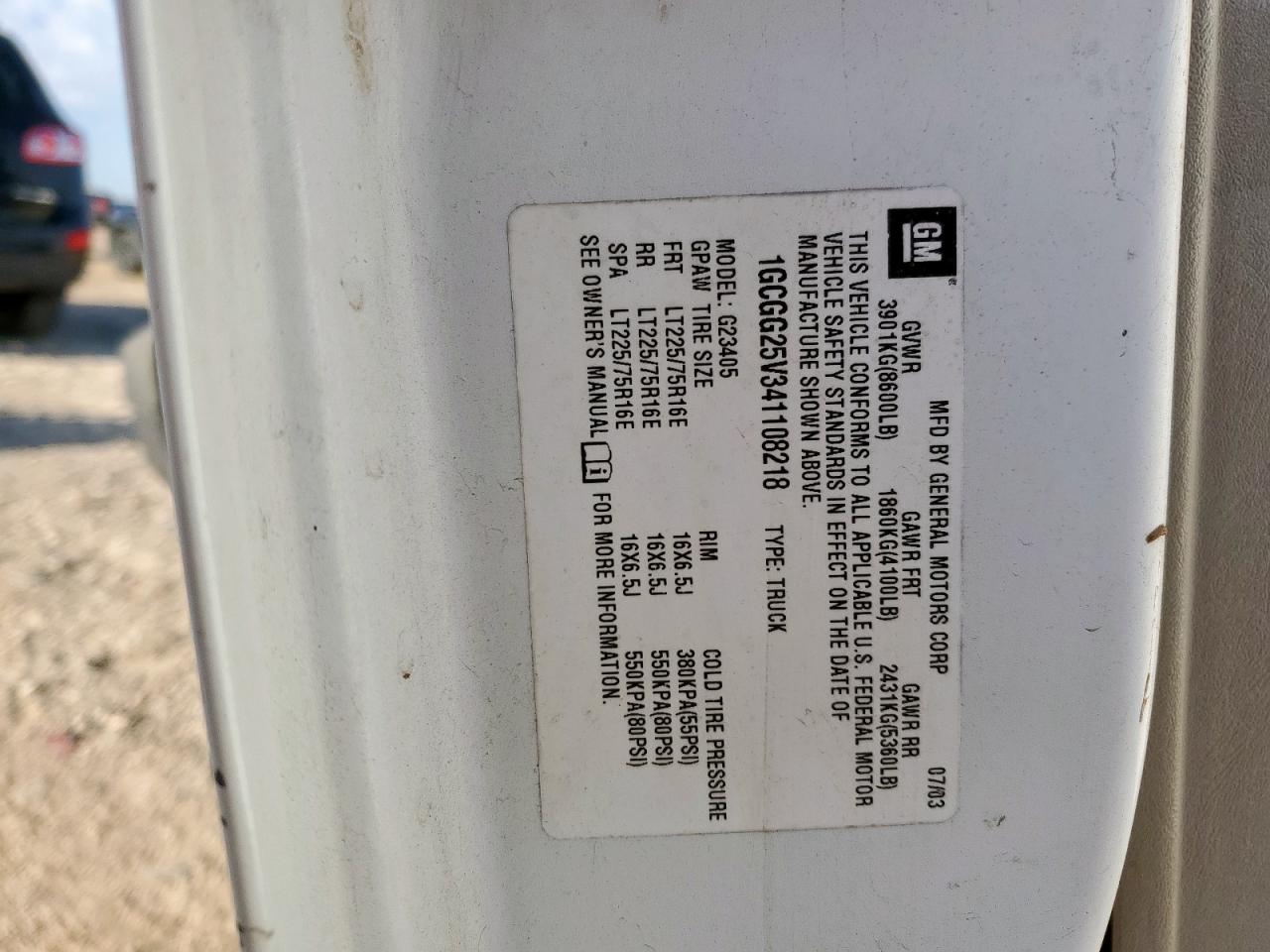 2004 Chevrolet Express G2500 VIN: 1GCGG25V341108218 Lot: 72058605