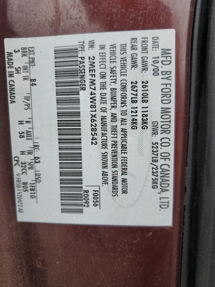 2001 Mercury Grand Marquis Gs VIN: 2MEFM74W81X628542 Lot: 82066555