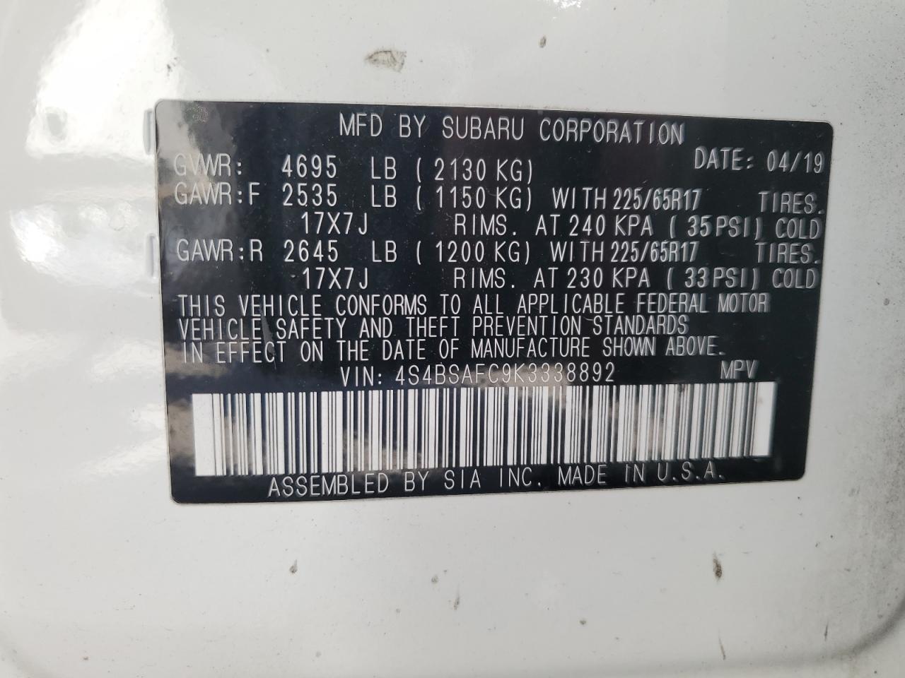 2019 Subaru Outback 2.5I Premium VIN: 4S4BSAFC9K3338892 Lot: 72075625