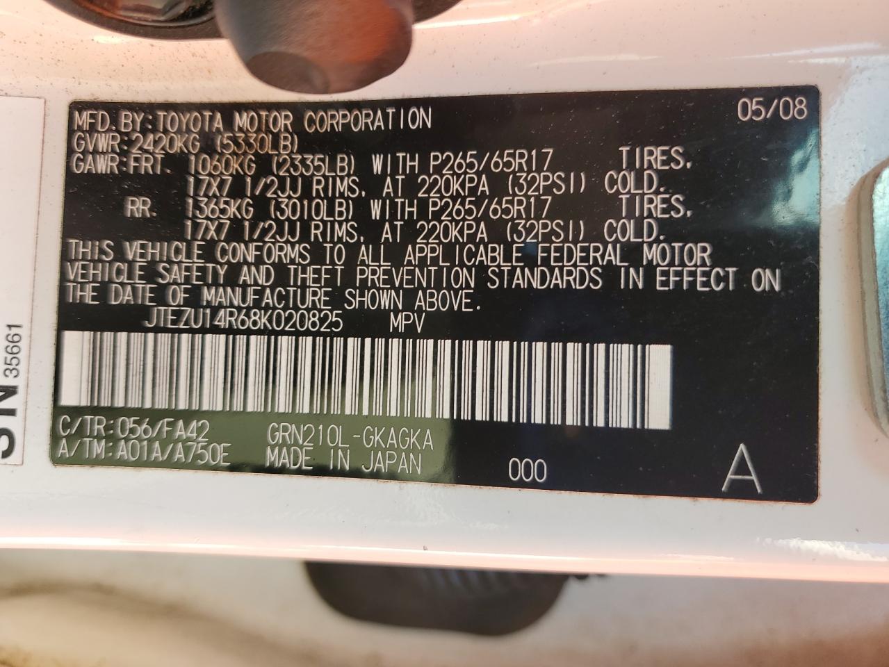 2008 Toyota 4Runner Sr5 VIN: JTEZU14R68K020825 Lot: 80621885