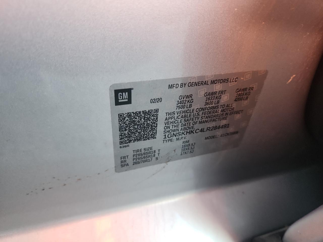 2020 Chevrolet Suburban K1500 Lt VIN: 1GNSKHKC4LR284491 Lot: 80220945