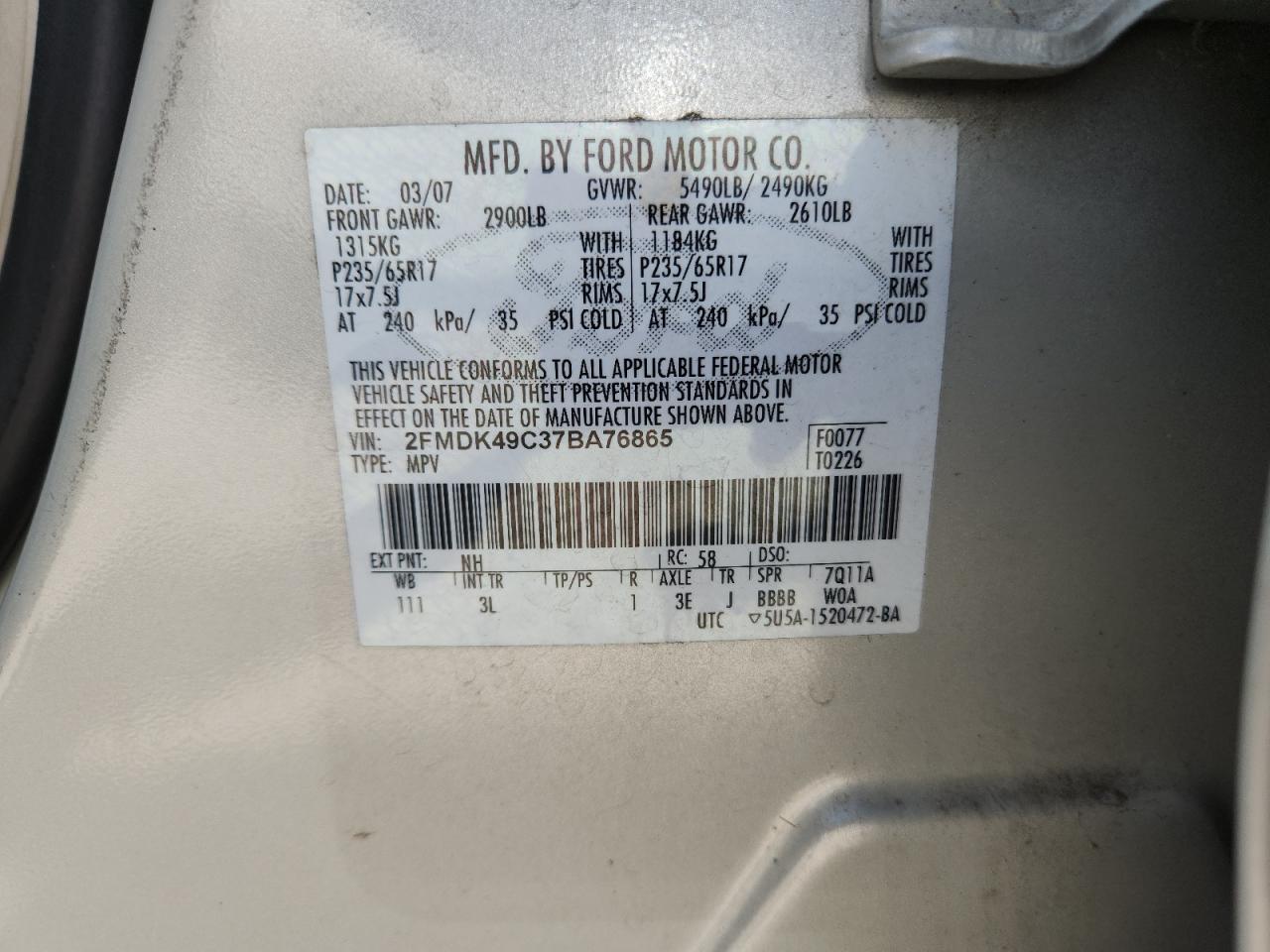 2007 Ford Edge Sel Plus VIN: 2FMDK49C37BA76865 Lot: 68160655