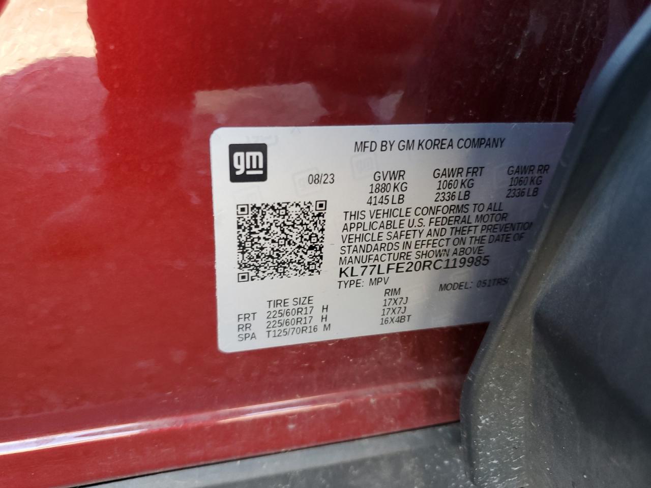2024 Chevrolet Trax Ls VIN: KL77LFE20RC119985 Lot: 71062135
