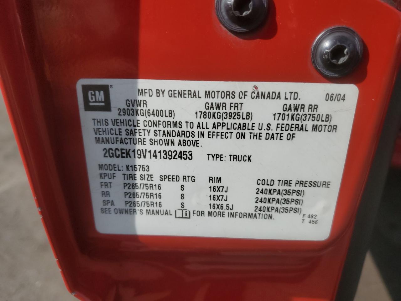 2004 Chevrolet Silverado K1500 VIN: 2GCEK19V141392453 Lot: 80825215