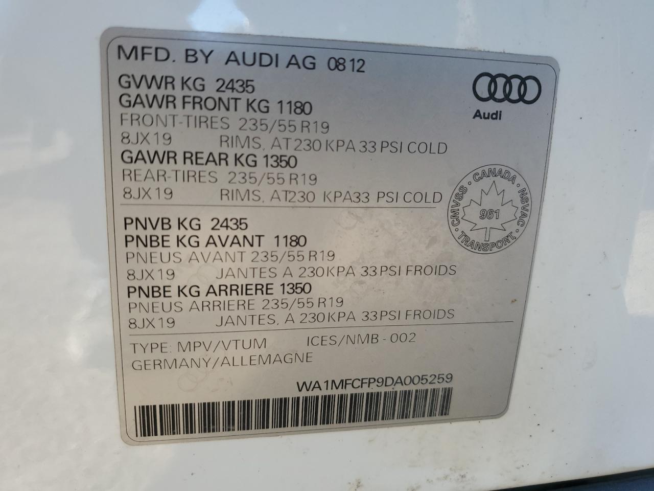 2013 Audi Q5 Premium VIN: WA1MFCFP9DA005259 Lot: 81584515