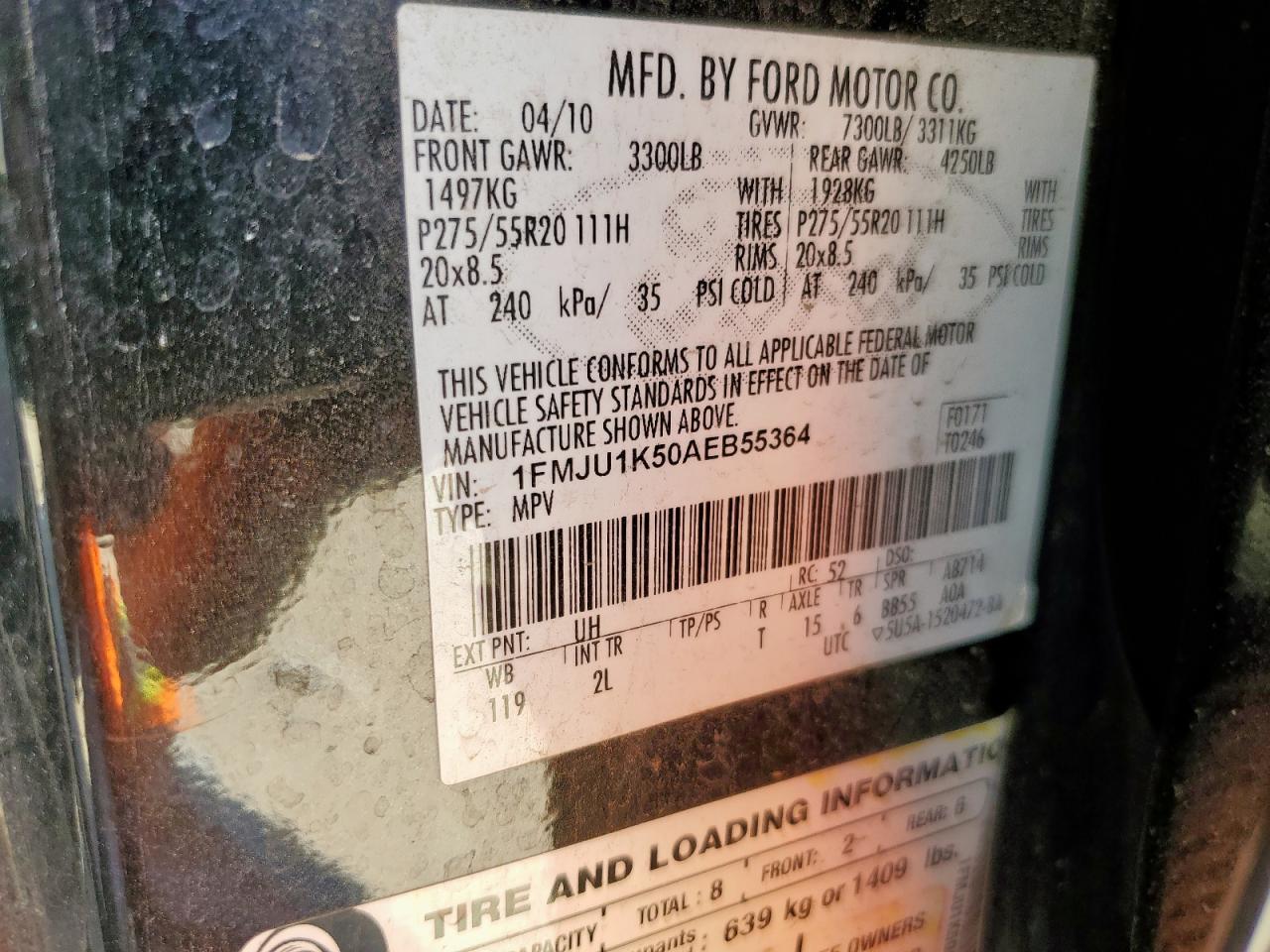 2010 Ford Expedition Limited VIN: 1FMJU1K50AEB55364 Lot: 80852405