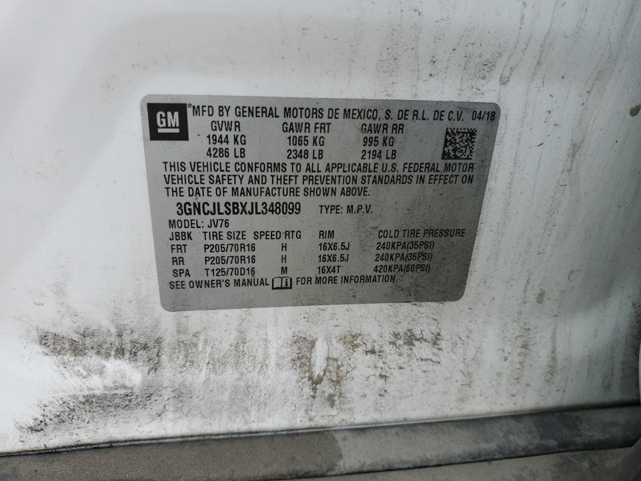 2018 Chevrolet Trax 1Lt VIN: 3GNCJLSBXJL348099 Lot: 84040855