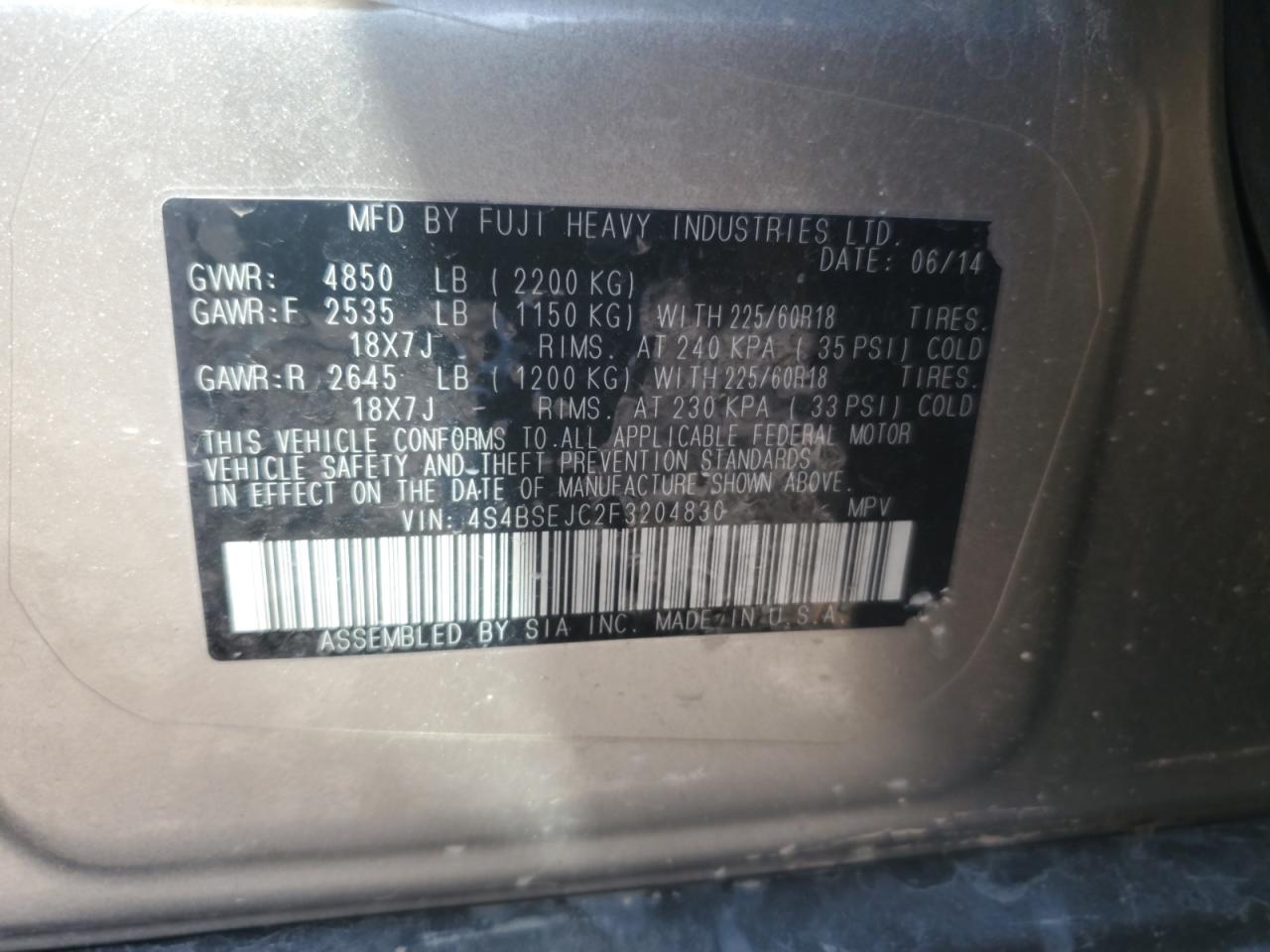 2015 Subaru Outback 3.6R Limited VIN: 4S4BSEJC2F3204830 Lot: 81194385