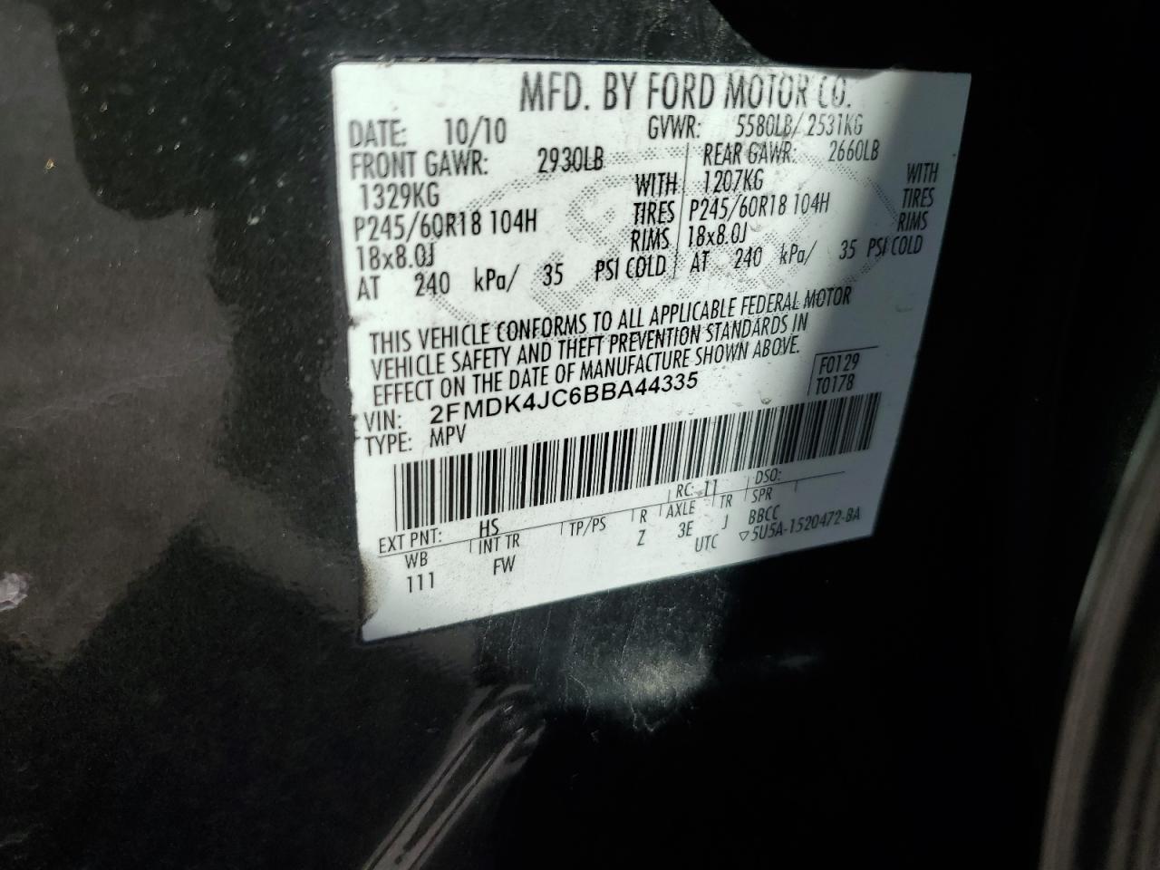 2011 Ford Edge Sel VIN: 2FMDK4JC6BBA44335 Lot: 81221195